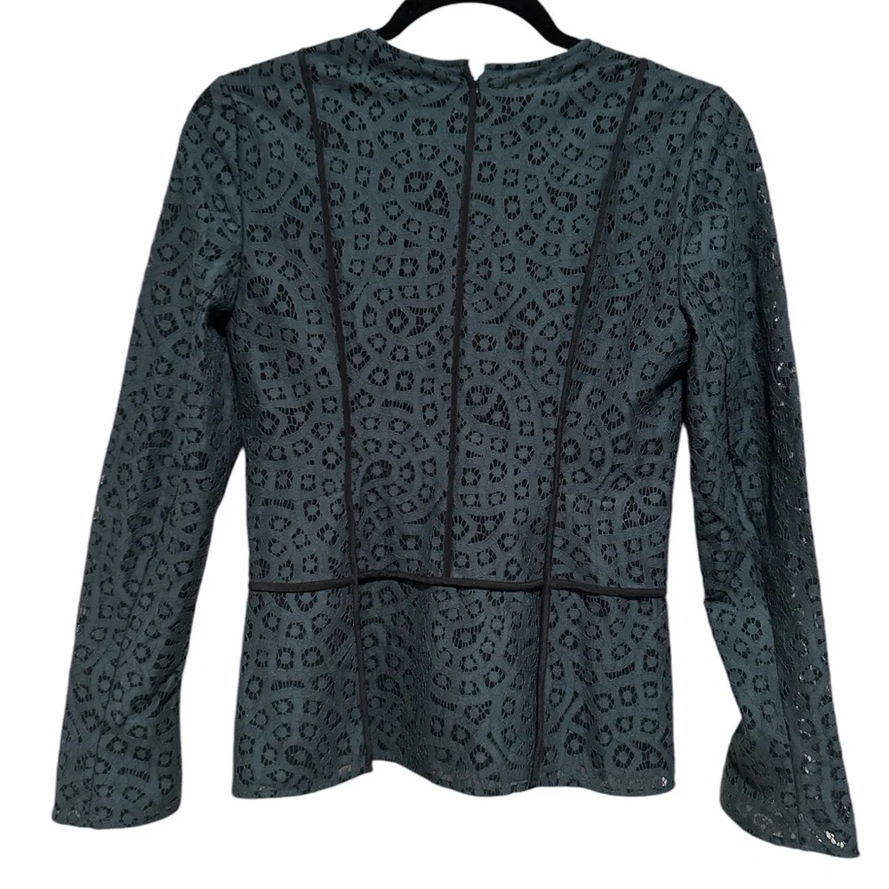 Malene Birger Green Black Lace Long Sleeve Peplum Blouse Vintage Chic Top 2